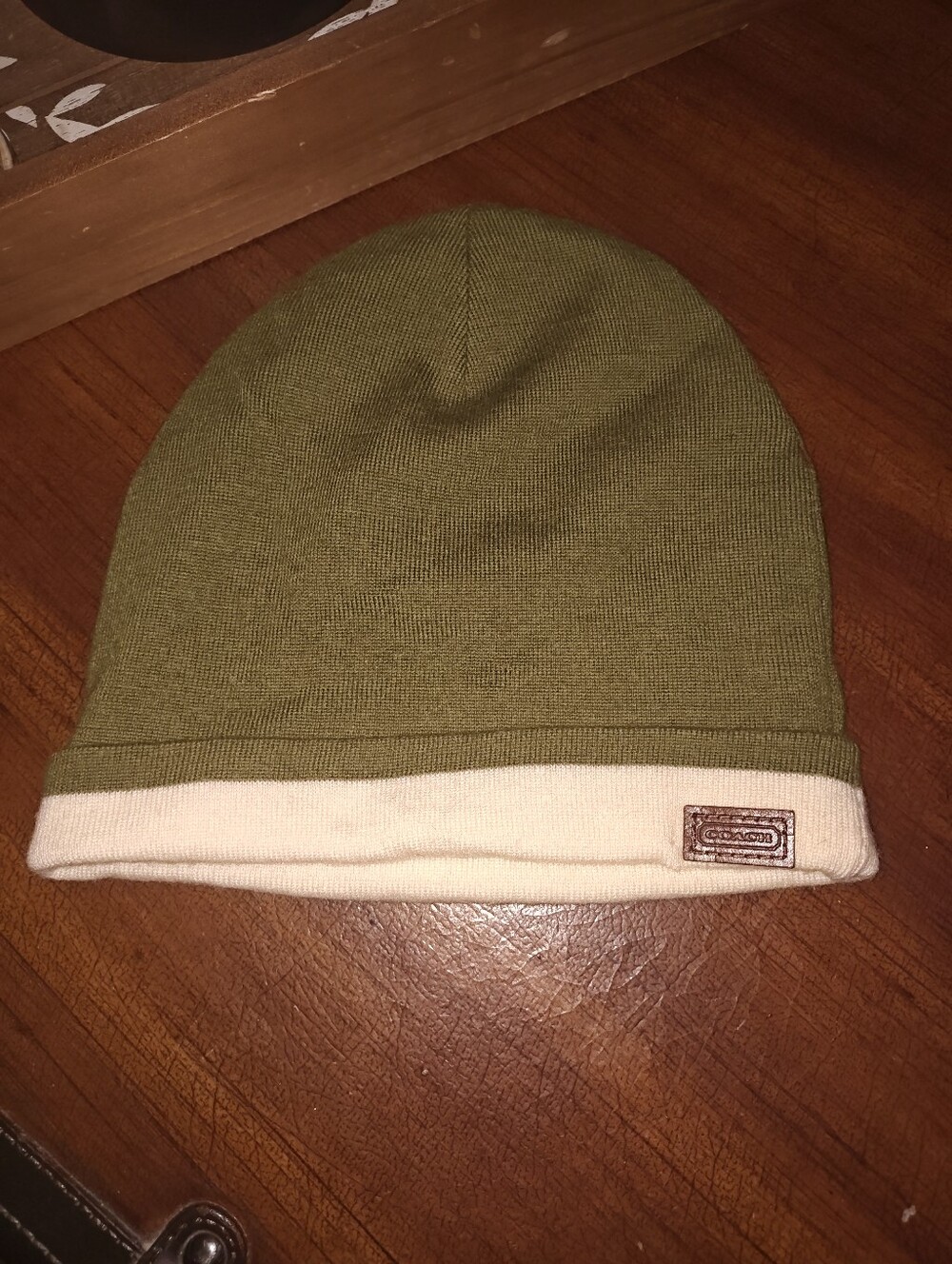 Coach Green and Cream Wool Beanie